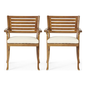 GDF Studio Sean Outdoor Acacia Wood Dining Chairs, Set of 2, Teak /Cream