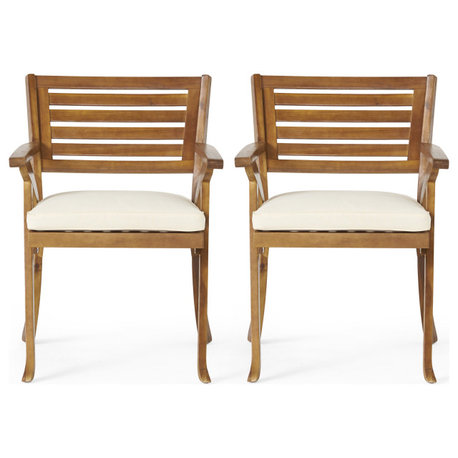 GDF Studio Sean Outdoor Acacia Wood Dining Chairs, Set of 2, Teak /Cream