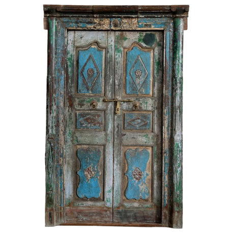 Consigned Antique Indian Door with Frame Vintage Blue Teak Exterior Doors 85