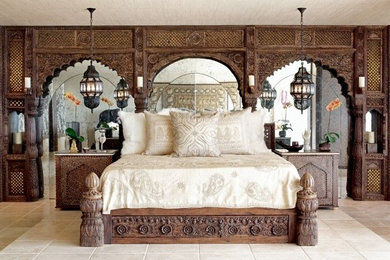 Example of a large mountain style master beige floor bedroom design in Toronto with brown walls and no fireplace