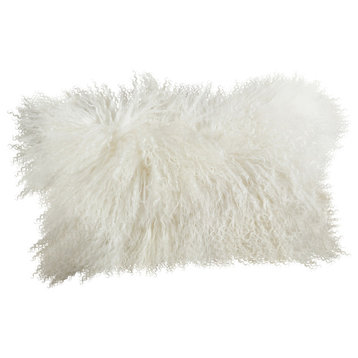 Mongolian Lamb Fur Poly Filled Throw Pillow, Ivory, 12"x20"