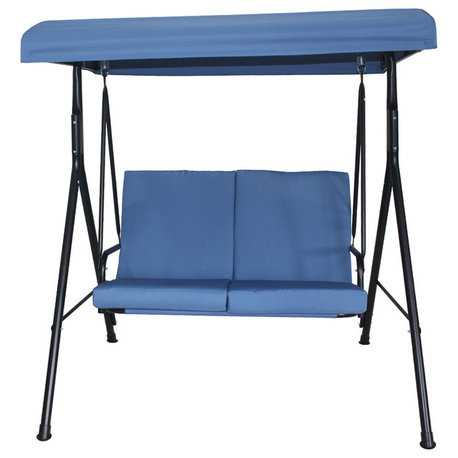 Home Beyond 2-Person Steel Fabric Outdoor Porch Swing Canopy With Stand, Blue