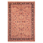Bareens Designer Rugs - Abassi Afsha Pak Persian Kiley Pink/Blue Wool Rug - 6'2'' x 9'4'' - Designed with mesmerizing intricacy and gorgeous color palette, this hand-knotted masterpiece demonstrates the beauty and electrifying thrill of Pak Persian art. These meticulously hand-knotted Pak-Persian rug is made with pure wool and features breathtaking traditional, transitional, and tribal designs in bold luxurious color pallets. Known for their intricate designs these rugs are a reproduction of Persian rugs, made in Pakistan with unique Mughal designs. Made by master weavers using the same Persian texture, design and dying technique, we wanted to produce the most significant manifestation of Persian art, life, and culture. This rug is most famous for its exceptional quality, incredible designs, patterns, and vibrant rich color. Pak-Persian rugs made with Persian weave with high knot counts, which enables the high intricacy and detail found in the patterns are also referred to as "State of art", each color adds a rich beautiful detail in the artwork of this rug. The design, color, and beautiful chromatic composition with a vibrant sheen with intricate designs, exude beauty, elegance, and quality make this rug a masterpiece of its own.