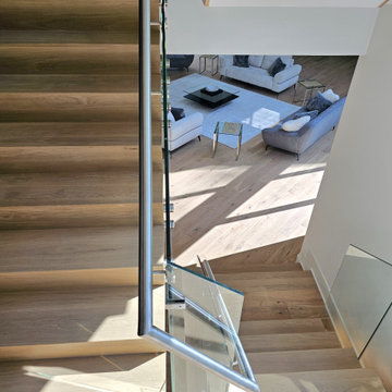 Project #129 | Modern White Oak Staircase with Slanted Risers