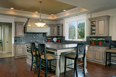 Example of a large transitional l-shaped dark wood floor and brown floor open concept kitchen design in Columbus with a double-bowl sink, stainless steel appliances, mosaic tile backsplash, blue backsplash, raised-panel cabinets, beige cabinets, granite countertops and an island
