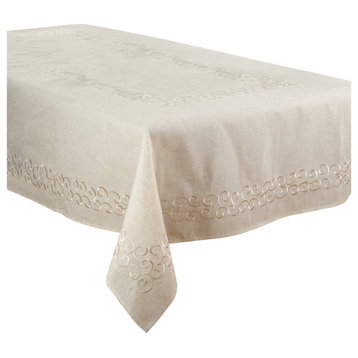 Linen Blend Tablecloth With Embroidered Design, 67"x160"