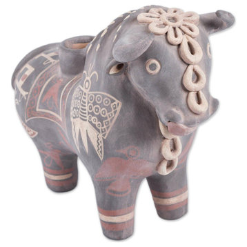 NOVICA Black Bull Of Pucara And Ceramic Decorative Vessel