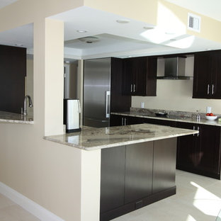 Small modern kitchen pantry appliance - Small minimalist l-shaped porcelain floor kitchen pantry photo in Tampa with dark wood cabinets, granite countertops, stainless steel appliances and no island