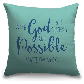 "Matthew 19:26 - Scripture Art in Blue and Teal" Pillow 16"x16"