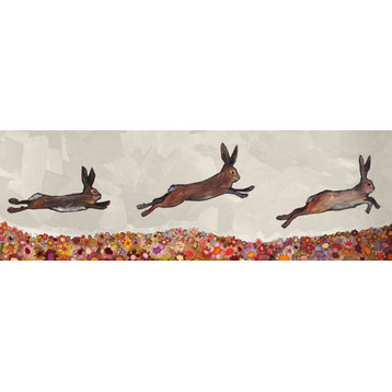 "Brown Bunnies Jumping Over Flowers" Canvas Wall Art by Eli Halpin, 36"x12"