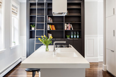 Small modern eat-in kitchen in Boston with an integrated sink, flat-panel cabinets, white cabinets, solid surface benchtops, panelled appliances, dark hardwood floors and with island.