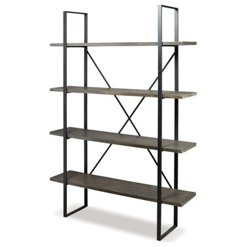 Tall Bookcase, Metal Frame With 4 Fixed Shelves, Grey and Black