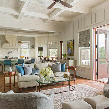Awendaw Retreat - Family Room with Wood White Coffered Ceiling