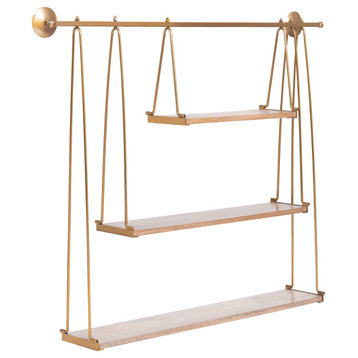 Luna Three Tier Suspended Wall Shelf, Gold, Natural Wood