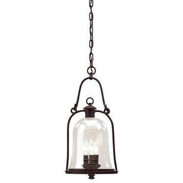 Owings Mill, Outdoor Pendant, 3 Light, Natural Bronze Finish, Clear Seeded Glass