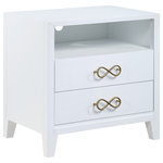 Meridian Furniture - Bowtie Night Stand, White - Bring unique elegance to your bedroom with this Bowtie white /gold chest from Meridian Furniture. This night stand features two drawers and a shelf, providing you with plenty of storage space for clothes, linens, or miscellaneous objects. Its white color adds a touch of brightness to your living space, and its brushed gold bow tie handles complement your existing decor. Its flat top is perfect for placing a lamp, framed picture, books, bric-a-brac, and more.