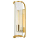 Hudson Valley - Fillmore 1-Light Wall Sconce, Aged Brass - Fillmore's ribbed glass shade is beautifully framed by a smooth metal framework that curves out from the wall at either end. Light flows through the clear glass shade and reflects beautifully off the metal backplate. This 1- or 2-light sconce is another perfect addition to a bath or powder room.