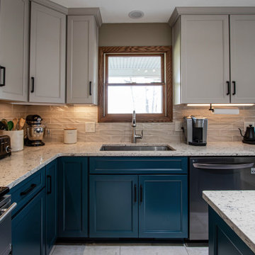 Two Tone Teal and Cream Kitchen with Romano White Quartz Countertop