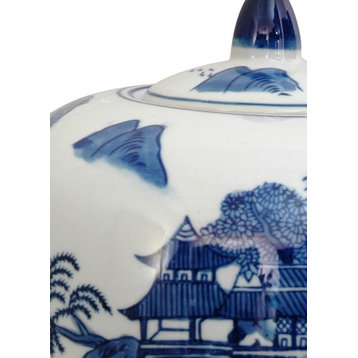 11" Landscape Blue and White Porcelain Vase Jar