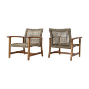 GDF Studio Savannah Outdoor Acacia Wood Frame Wicker Club Chairs, Set of 2