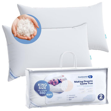 Continental Bedding - 550 Fill Power Down Pillow, King (Set of 2), Soft