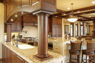 Kitchen - traditional light wood floor kitchen idea in Other with beaded inset cabinets, dark wood cabinets, quartz countertops, stainless steel appliances and an island