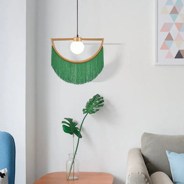 Stylish Green Fringe Pendant Light Half-Moon Gold Ceiling Lamp