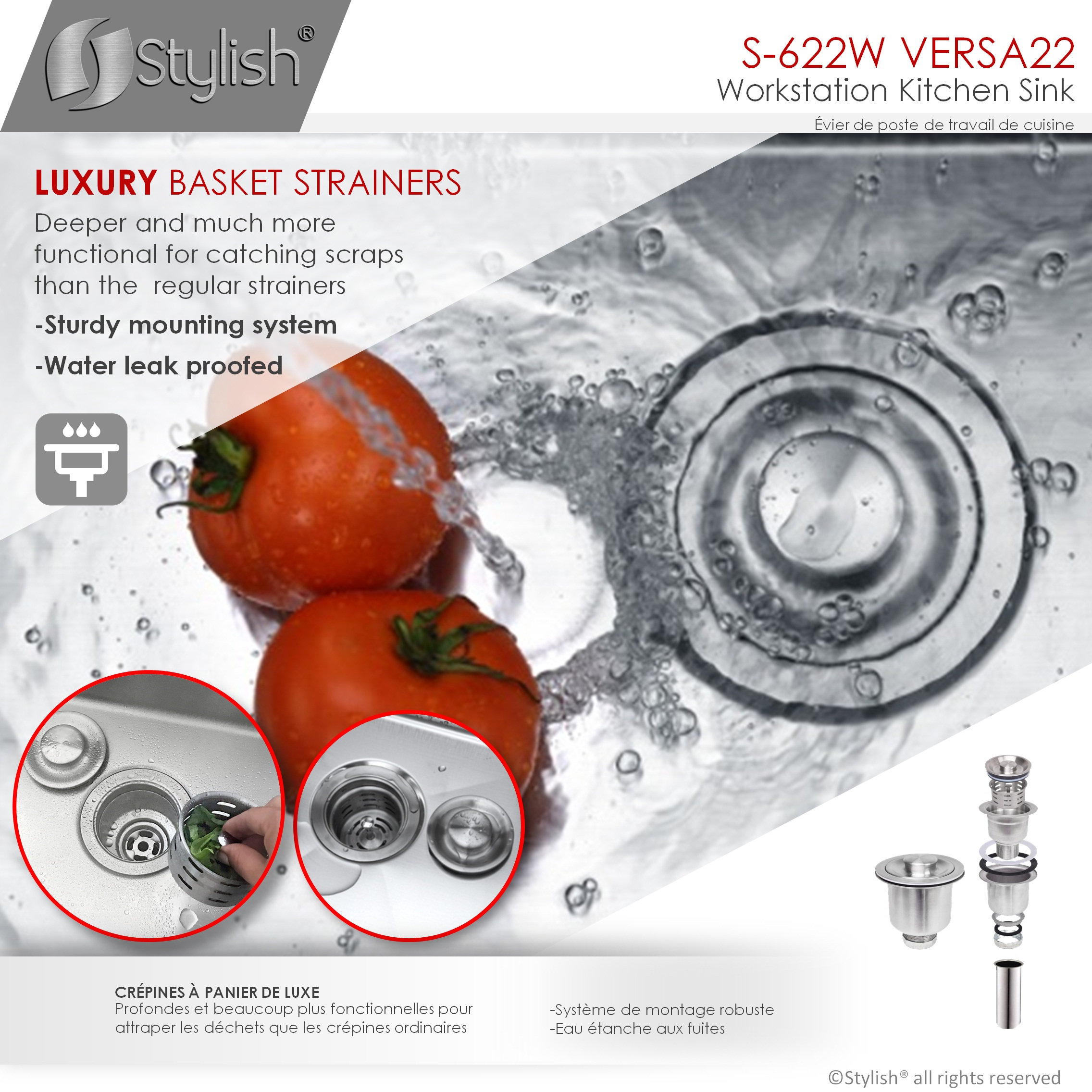 STYLISH 22'' Workstation Single Bowl Undermount 16G Stainless Steel Kitchen Sink