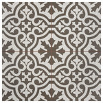 Merola Tile - Berkeley Charcoal Brown Ceramic Floor and Wall Tile - Capturing the artisanal look of cement tile, our Berkeley Charcoal Ceramic Floor and Wall Tile offers an encaustic, old-world design that can blend into any décor. Save time and labor spent arranging smaller square tiles and instead install these durable ceramic slabs, which have four squares with scored grout lines. With a recognizable European-inspired design, the simplistic arcs frame the snowflake inspired patterns that create continuity throughout the installation. Set on an eggshell base glaze, the taupe charcoal designs offer the ability to be used in modern and rustic settings. The scored grout lines can be grouted with the color of your choice to further customize your installation. Use this tile in most interior settings, including kitchens, showers, backsplashes and entryways.