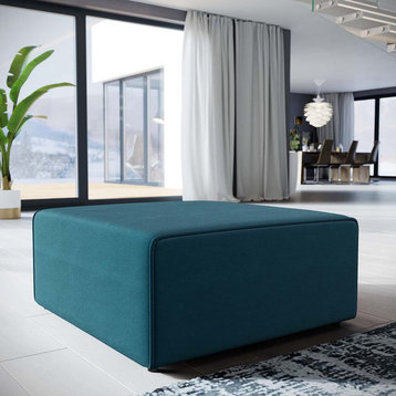 Modern Ottoman, Square Design With Polyester Upholstery & Piping Detail, Blue