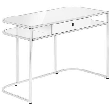 Contemporary Desk, Elegant Design With Chrome Frame and Glossy White Drawer