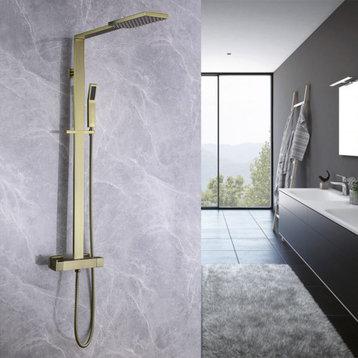 Luxury Double Function Thermostatic Shower System With Rough-In Valve, Brushed Gold
