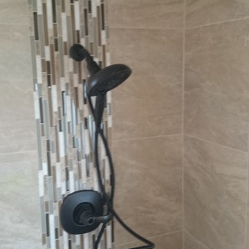 Stand-up Shower, Master Bathroom, Polished Porcelain Tile w/ Vertical Glass Mosa