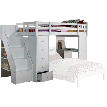 HomeRoots 79" X 42" X 66" White Solid Wood Loft Bed And Bookshelf Ladder