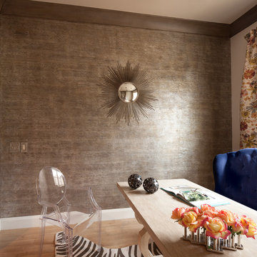 Home Office with Wallpaper and Floral Curtains
