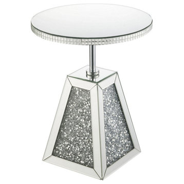 Round Mirrored Accent Table With Pedestal Base and Glass Top, Silver