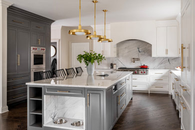 Inspiration for a mid-sized transitional u-shaped kitchen remodel in Chicago with quartzite countertops and an island
