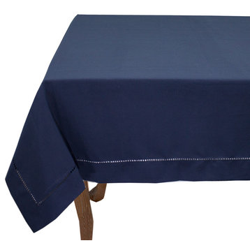 Stylish Solid Color with Hemstitched Border Tablecloth, Navy Blue, 65"x120"