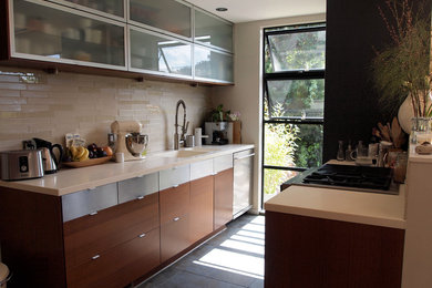 Kitchen - eclectic galley slate floor kitchen idea in San Francisco with an integrated sink, glass-front cabinets, ceramic backsplash and stainless steel appliances