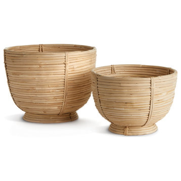 Cane Rattan Decorative Footed Bowls, Set Of 2