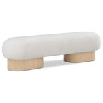 Meridian Furniture - Robertson Boucle Fabric Upholstered Bench, Cream, Natural Oak Finish - Delve into opulence with this cream Robertson boucle fabric bench, a luxurious blend of comfort and timeless style. Draped in sumptuous cream boucle fabric upholstery, this handsome bench exudes modern charm, so you can sit in style while pulling on boots or putting on shoes. The bench is adorned with a rich natural oak finish base, enhancing its classic appeal with an art deco design that infuses vintage elegance into your decor in the entryway, bedroom, or living room.