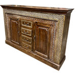 Mogul Interior - Consigned Antique Carved Brass Sideboard TV Credenza With Drawers Buffet - This Antique Hand-Carved Sideboard is a beautifully crafted brown TV credenza that merges traditional craftsmanship with modern functionality. Made from vintage reclaimed wood, it features intricate hand-carved details on its surface, adding a rich layer of texture and artistry. The warm earthy finish enhances the natural grain of the wood, providing a timeless and rustic appeal.