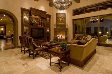 Large traditional formal open concept living room in Dallas with beige walls and a standard fireplace.