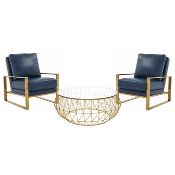 LeisureMod Jefferson 3-Piece Set With 2 Arm Chairs and Coffee Table, Navy Blue
