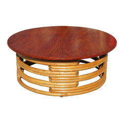 Restored Round Rattan Coffee Table with Mahogany Top - Coffee Tables