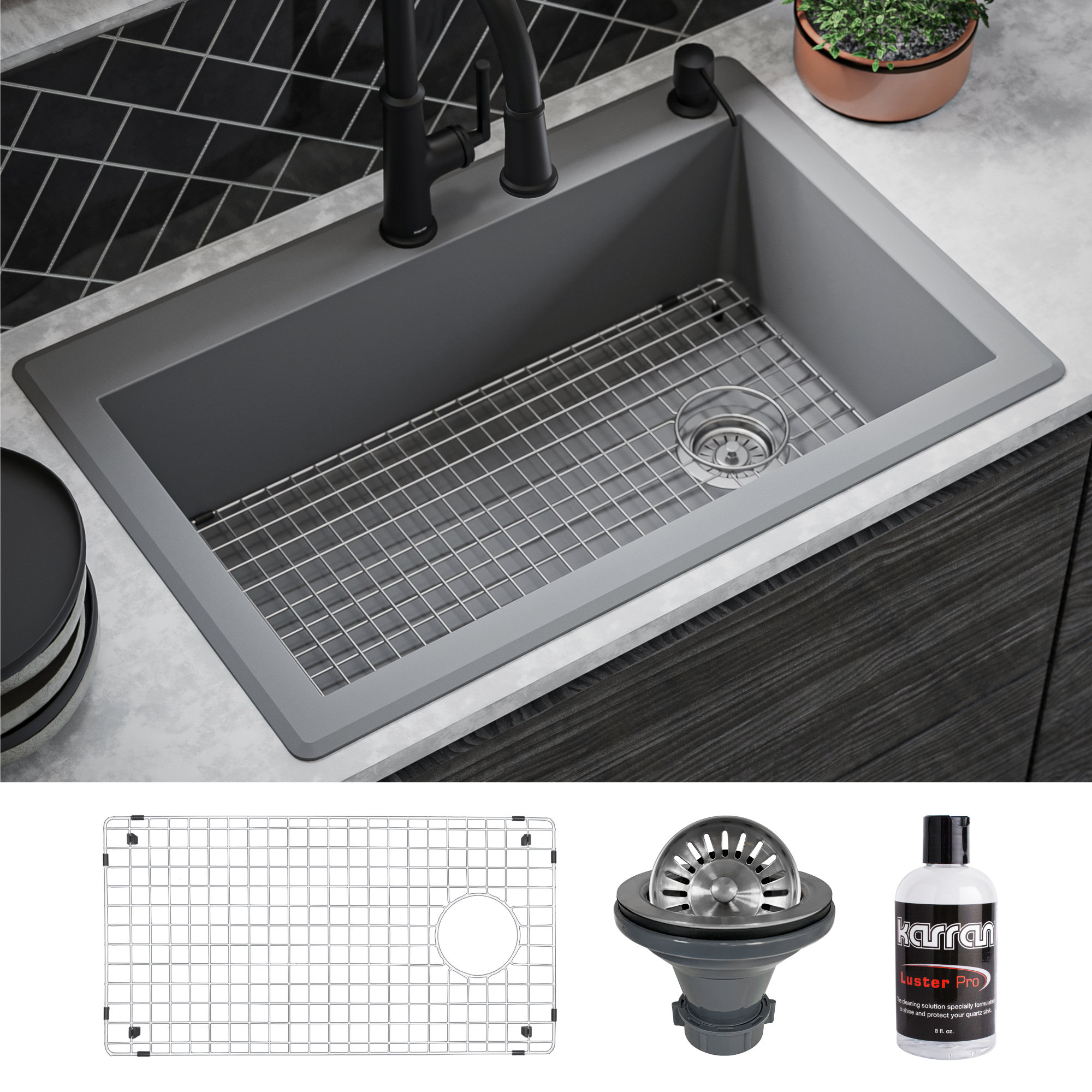Karran Drop-In Quartz 33" 1-Hole Single Bowl Kitchen Sink Kit, Grey