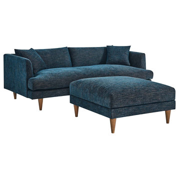 Zoya Down Filled Overstuffed Sofa and Ottoman Set, Heathered Weave Azure