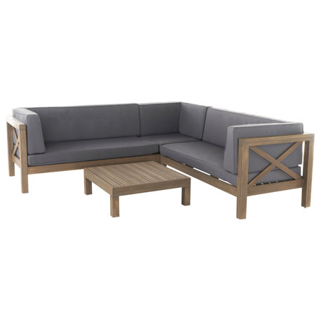 GDF Studio Brava Outdoor 4 Piece V-Shaped Acacia Wood Sectional Sofa Set, Dark Gray