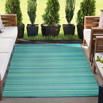 Pembrokepines Contemporary Stripe Indoor/Outdoor Area Rug, Aqua and Green, 8'x10