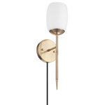 Globe Electric - Novogratz x Globe Raoul 1-Light Matte Brass Plug-In/Hardwire Wall Sconce - Modern glam design is all about bringing a dramatic feeling into your home. To some people this means a large statement piece that takes up a lot of space however, smart designers understand that it's all in the design and not necessarily the size of the item. The Novogratz paired with Globe Electric to bring you the glamorous Raoul Wall Sconce - an ideal statement piece for your home. With a delicate matte brass finish that accents a stunning opal glass shade, the design is finished with a tapered torchiere style arm that oozes glamour and looks great in a bedroom, living room, or dining room. Decorate with the Novogratz and Globe Electric - lighting made easy.
